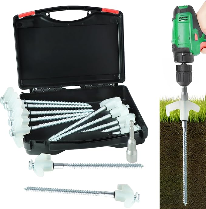 8" Screw in Tent Stakes-12Pcs Metal Ground Anchors for Camping-Tent Stakes Heavy Duty, Threaded Spikes with Hex Head Driver, Includes Storage Box