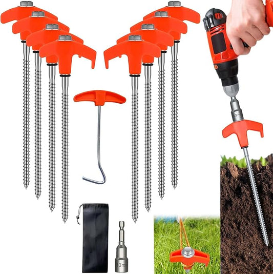 8 Pack 8" Screw in Tent Stakes Heavy Duty Ground Anchors, Tent Pegs Metal Tent Spikes Camping Tent Stakes with Hex Head Driver & Nail Extractor for Outdoor, Camping, Canopy, Gardening, Beach