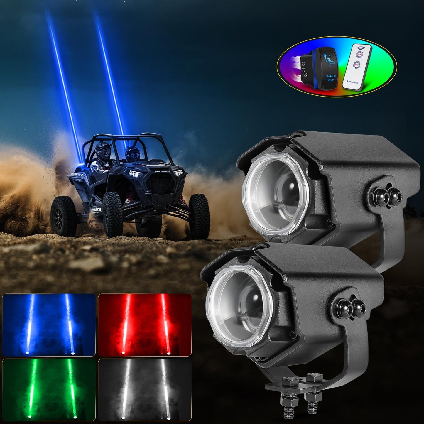 Whip Lights for Side by Side, Niking Auto 2Pcs Whipless LED Whip Lights with Switch & Remote RGB Chase Pods Antenna Lighted Whip Kits for Polaris RZR Can-Am ATV UTV Dune Buggy Trucks Kawasaki