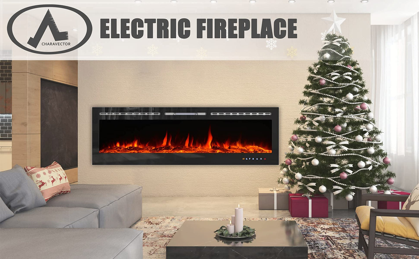 CharaVector 70 inch 750W/1500W Electric Fireplace Inserts with Remote Control in Wall Mounted, Energy Saving LED Insert Fireplace Heater Indoor Glass View with Remote Control & Touch Screen, Black