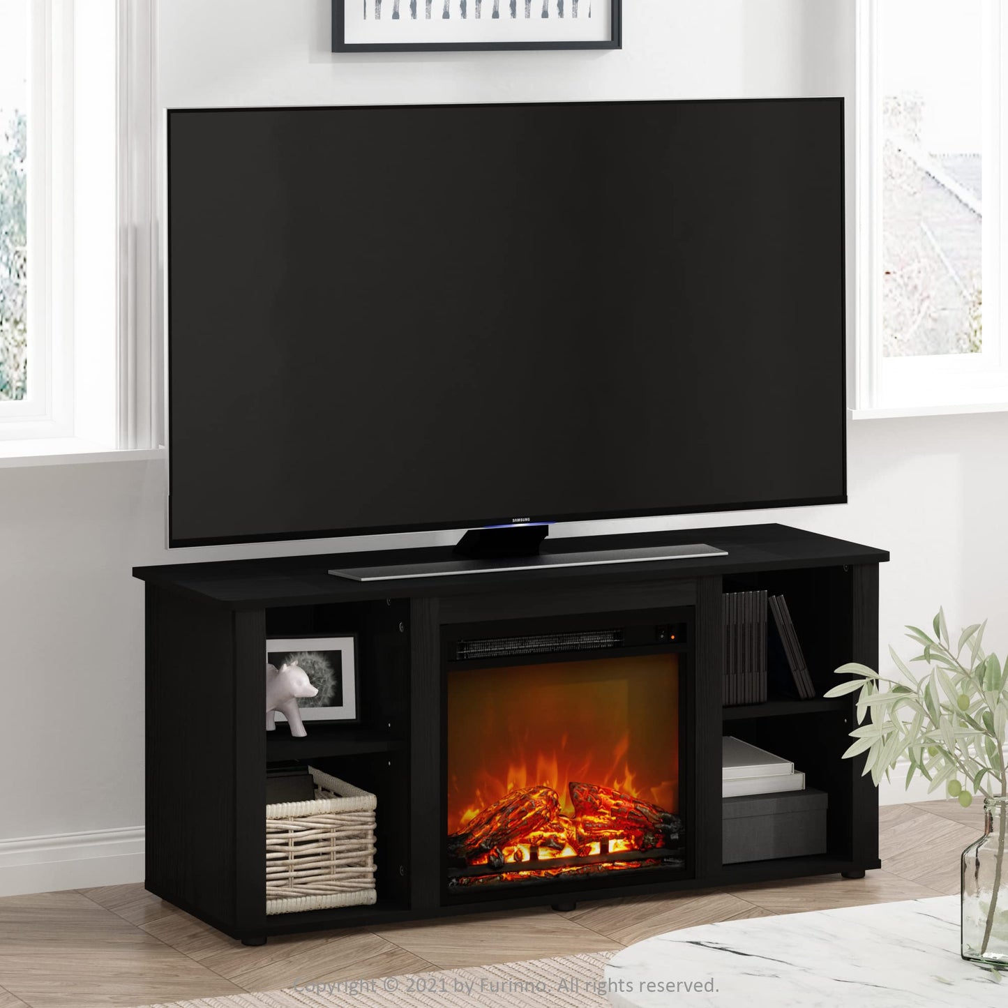 Furinno Jensen Entertainment Center Stand with Fireplace for TV up to 55 Inch, Americano, Corded Electric, Adjustable