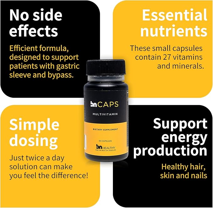 BN Caps - Multivitamin Capsule with 22 Essential Nutrients: Vitamins A, B-6, B-12, C, D3, E, K, Biotin, Iron & Zinc, Supports Men & Women Overall Health, 60 Capsules, 60 Days Supply