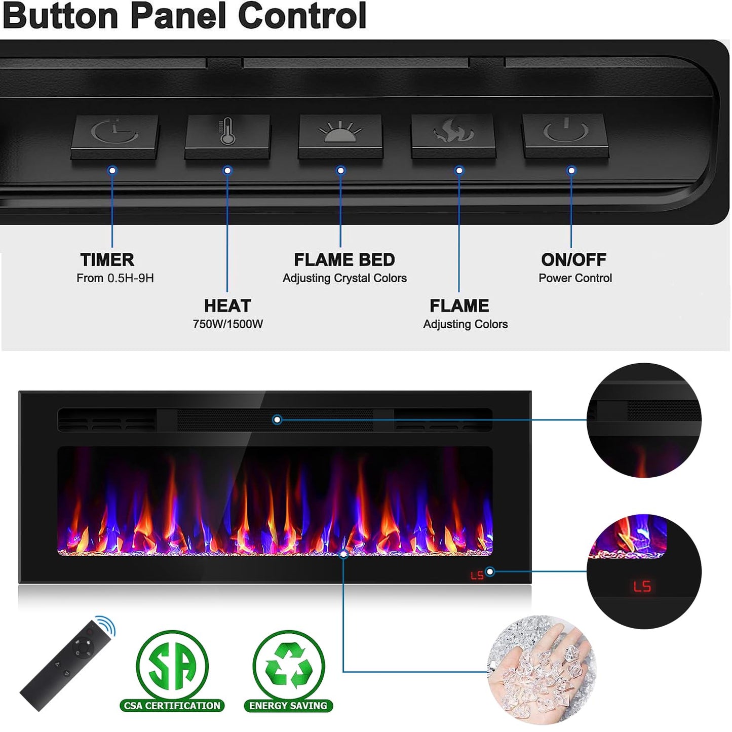 43 Inch Electric Fireplace Recessed and Wall Mounted, Fireplace Heater and Linear Fireplace, Ultra-Thin Electric Fireplace, Low Noise, with Timer, Remote Control, Adjustable 12 Flame Color, 750/1500W