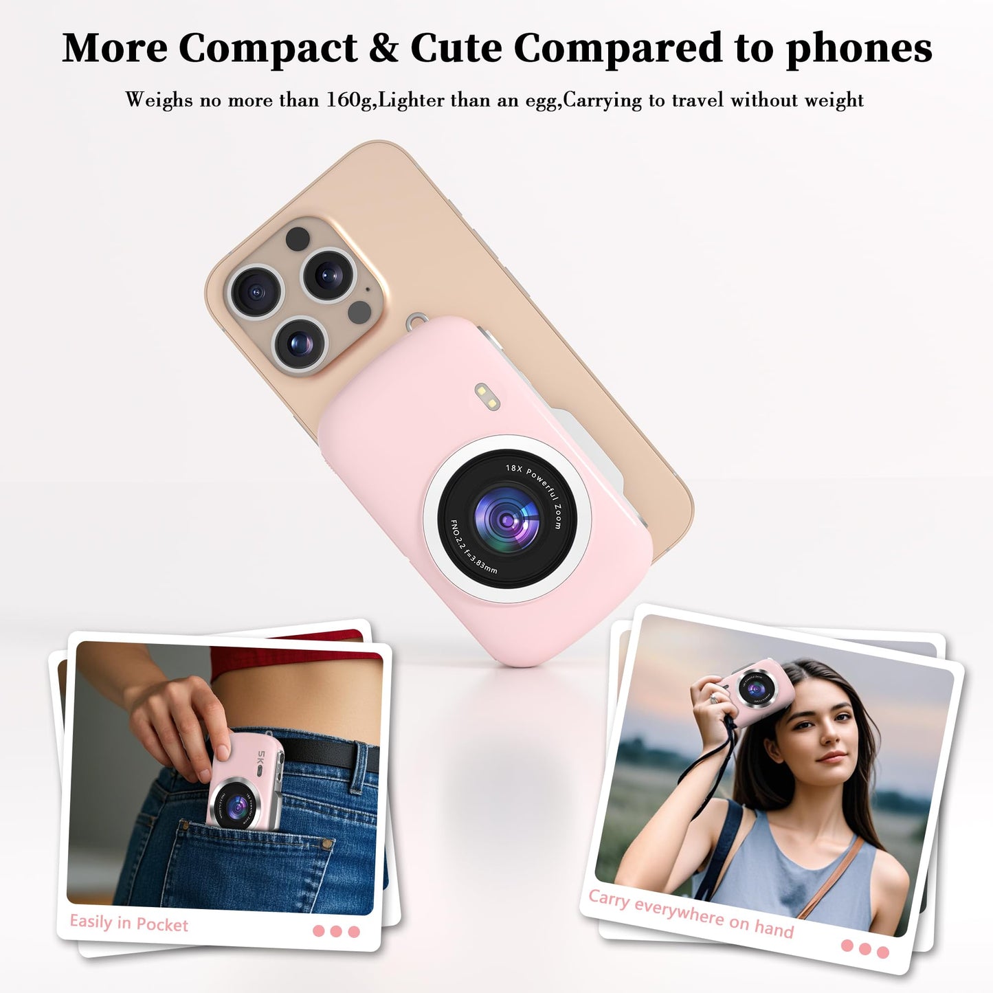 GWAEPU 4K Compact Digital Camera: 64MP Point and Shoot Cameras for Photography 18X Zoom Portable Small Vlogging Camera with 32GB TF Card 2 Batteries & Leather Case for Beginners Teens Students Pink
