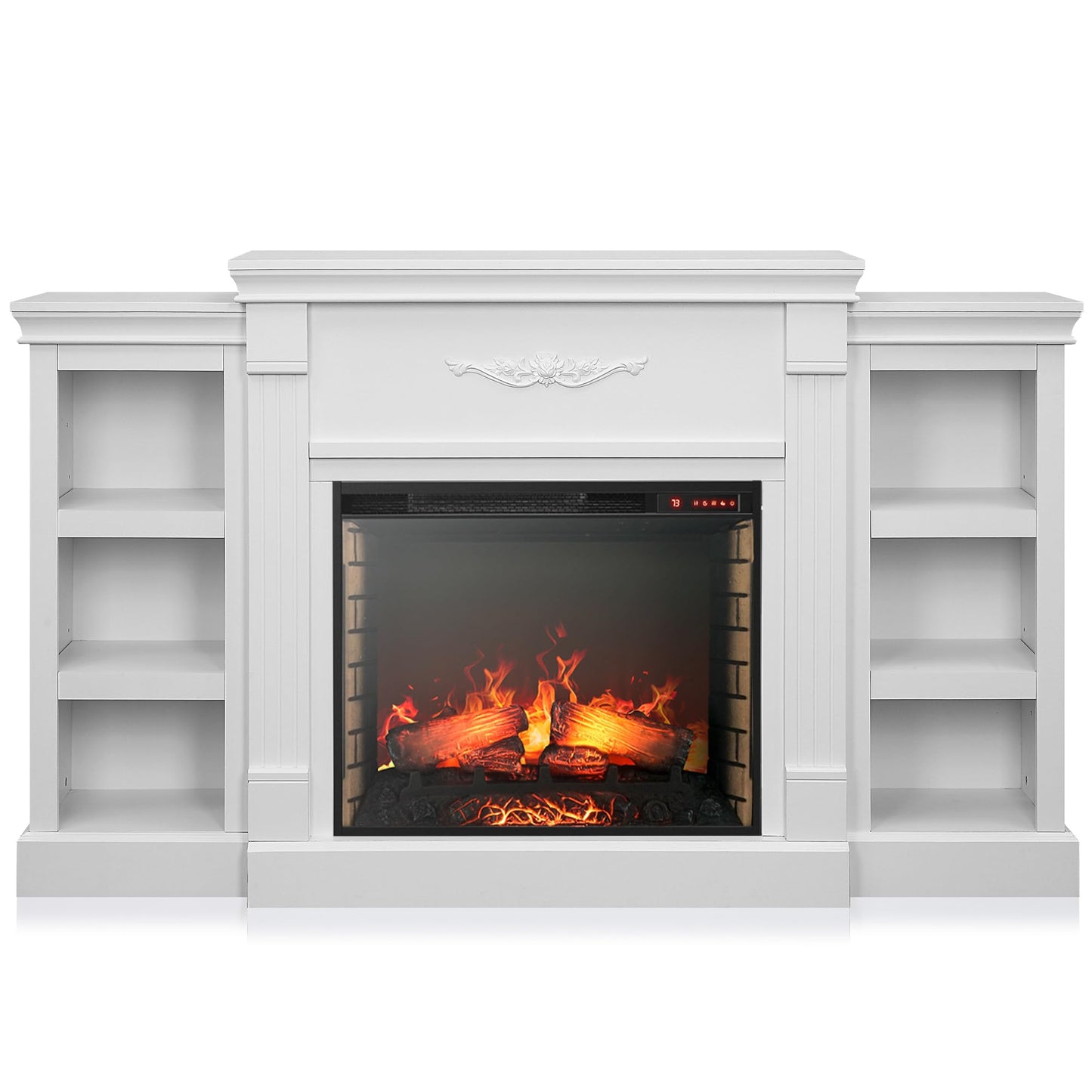 BELLEZE Modern 70" Electric Fireplace Heater Mantel TV Stand & Media Entertainment Center for TVs up to 68" with Energy-Efficient Heater with Sound and Side Book Shelves - Lenore (White)