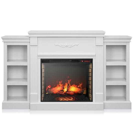 BELLEZE Modern 70" Electric Fireplace Heater Mantel TV Stand & Media Entertainment Center for TVs up to 68" with Energy-Efficient Heater with Sound and Side Book Shelves - Lenore (White)