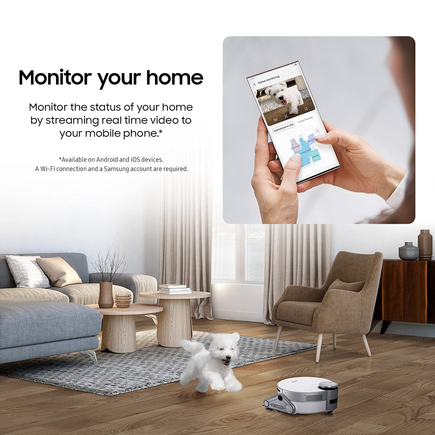 SAMSUNG Jet Bot AI+ Robot Vacuum Cleaner w/ Object Recognition, Intelligent Cleaning, Clean Station, 5-Layer Filter, Touchless Dust Removal for Hardwood Floors, Carpets, VR50T95735W, White