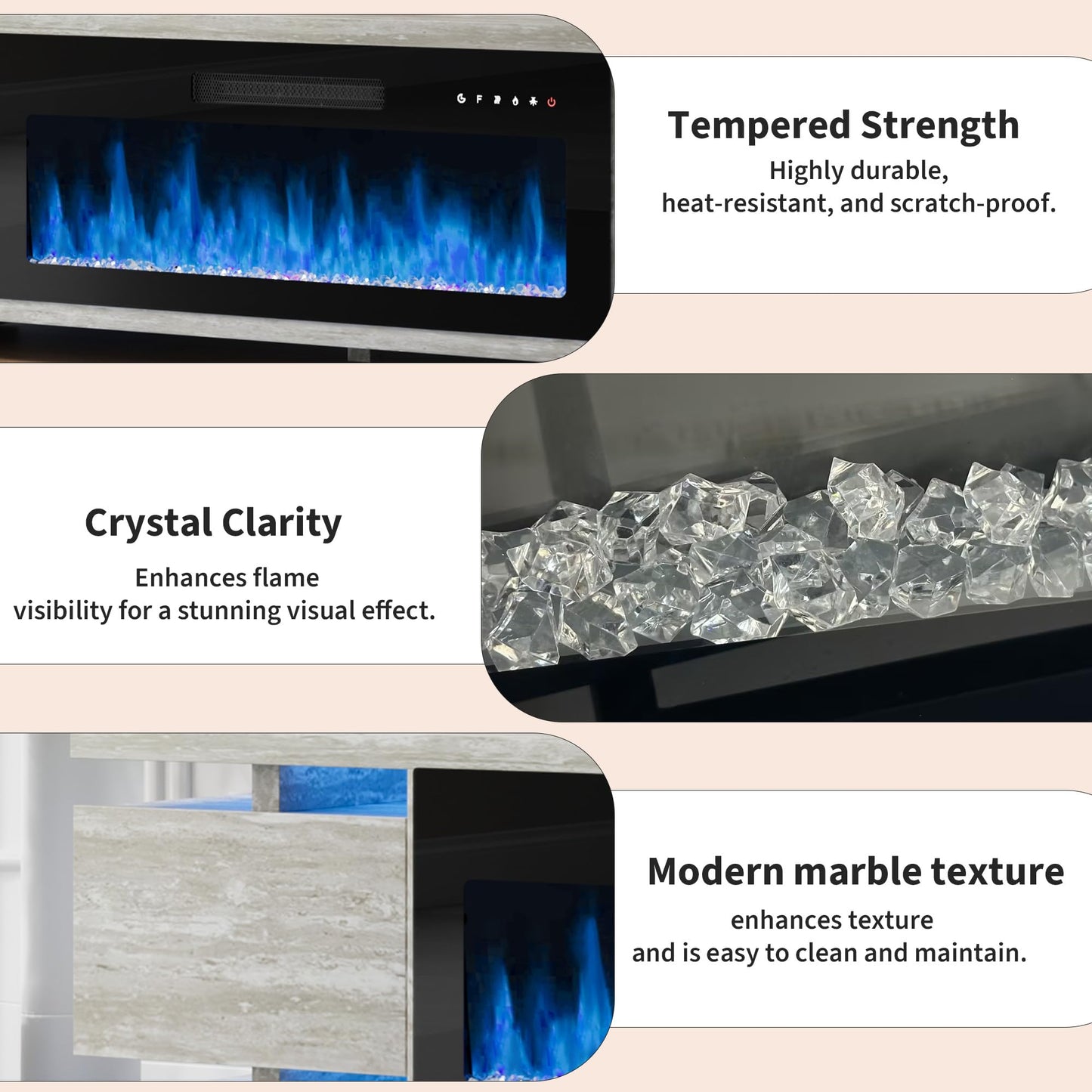 Rresyet Fireplace TV Stand with 36" Electric Fireplace, LED Light Entertainment Center, TV Cabinet for TVs Up to 80", Modern Marble Textured Storage Cabinet, TV Console for Living Room (Travertine)