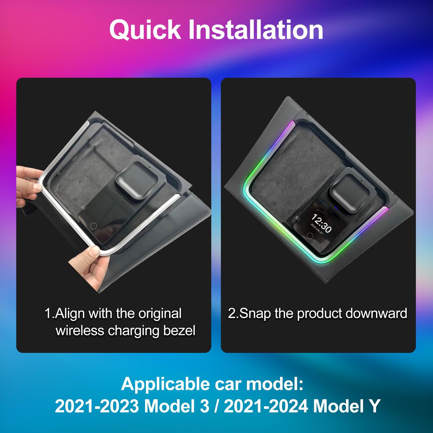 for ModelY/3 Car Interior RGB Neon Ambient Light Support Earphones Wireless Charging, Charge Platform Led Light Bar Left/Right Footwell Lights, Screen Control, Tesla Accessories (Not for 2024 Model3)