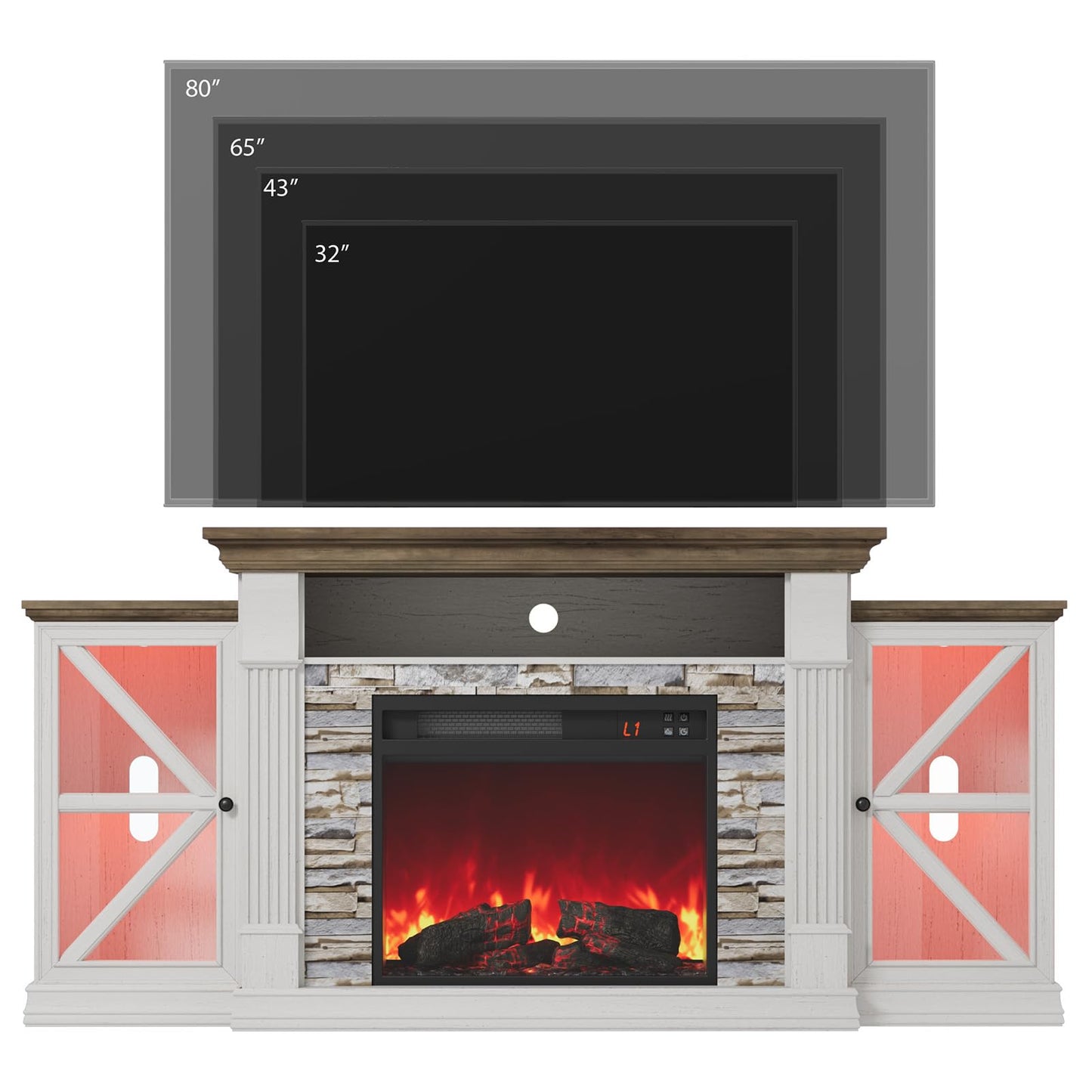 QUW Electric Fireplace TV Stand, 70" Farmhouse Entertainment Center with Open Shelf and Glass Barn Door Cabniet, Modern TV Console Table with 7 Flame Colors for Living Room, Antique White