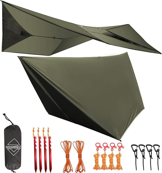 Onewind 11ft Hammock Tarp, Lightweight Silnylon Hammock Rain Fly, 4000mm Waterproof 4-Season Multiple Shelter Solution Camping Tarp Tent with Complete Accessories, OD Green