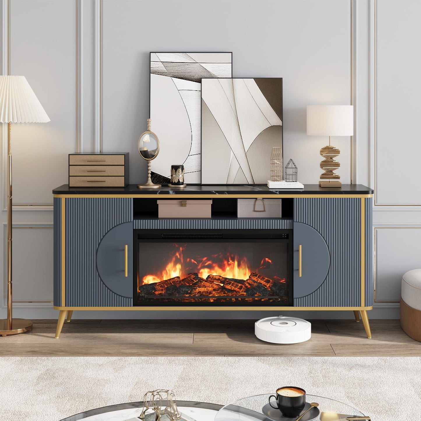 Fluted Fireplace TV Stand Up to 80" TVs, Modern Entertainment Center with 30" Electric Fireplace, Luxury Media Console with Adjustable Shelves for Living Room, Navy Blue