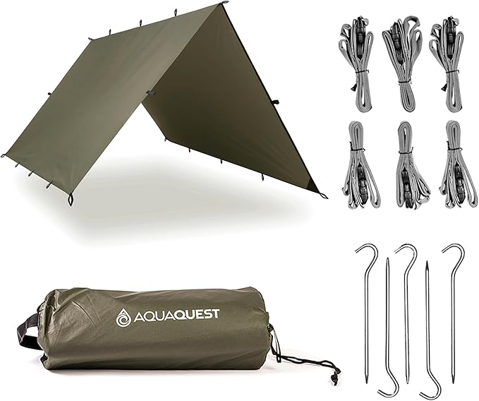 AquaQuest Safari Camping Tarp - Lightweight Durable Rain Fly - Waterproof Camping Essentials for Hiking, Backpacking & Hammock, 10 x 7 ft, Olive Drab Kit