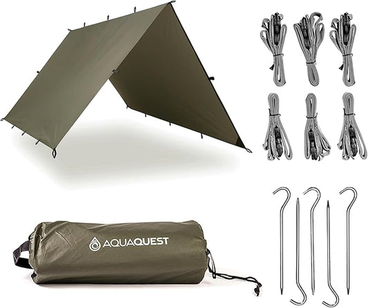 AquaQuest Safari Camping Tarp - Lightweight Durable Rain Fly - Waterproof Camping Essentials for Hiking, Backpacking & Hammock, 10 x 7 ft, Olive Drab Kit