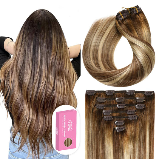 Suyya Clip In Hair Extensions Real Human Hair 20 Inch 120G 7Pcs Hair Extensions Human Hair Clip Ins Straight Double Weft Balayag