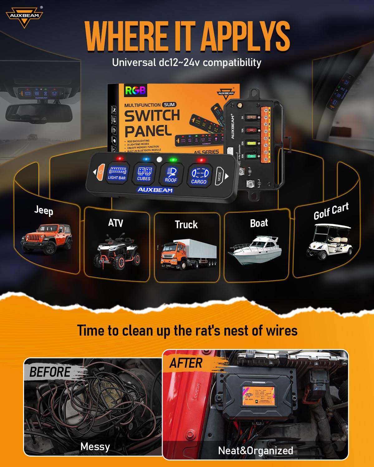 Auxbeam 4 Gang Slim Switch Panel Bluetooth RGB AS-400 with APP&Wireless Remote Control Toggle Momentary Pulsed Dimmable Switch Pod Backlit Off Switch Box for Offroad Truck Waterproof,2-Year Warranty