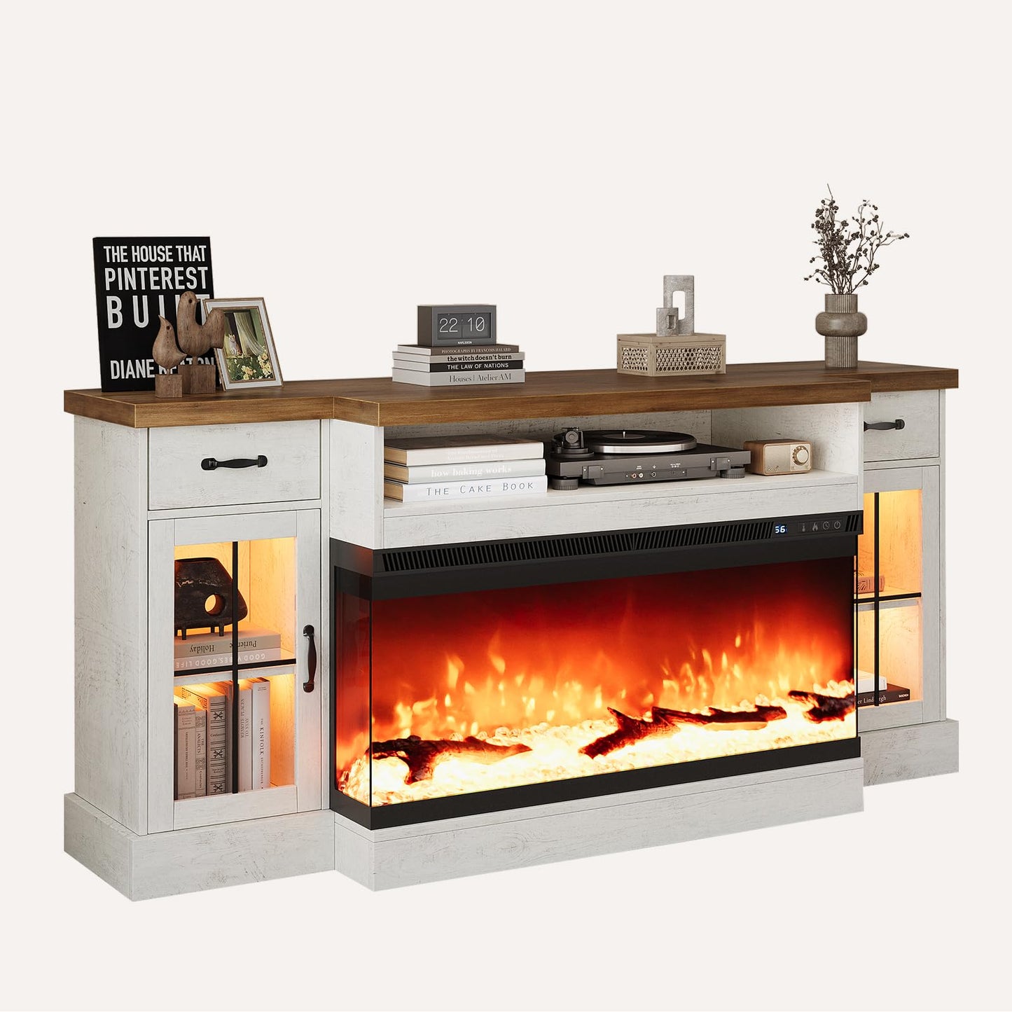 4 EVER WINNER Fireplace TV Stand with 40" Electric Fireplace for 80" TV, 70" Entertainment Center with Adjustable Storage Cabinets, 2 Drawers, TV Consoles for Living Room, White