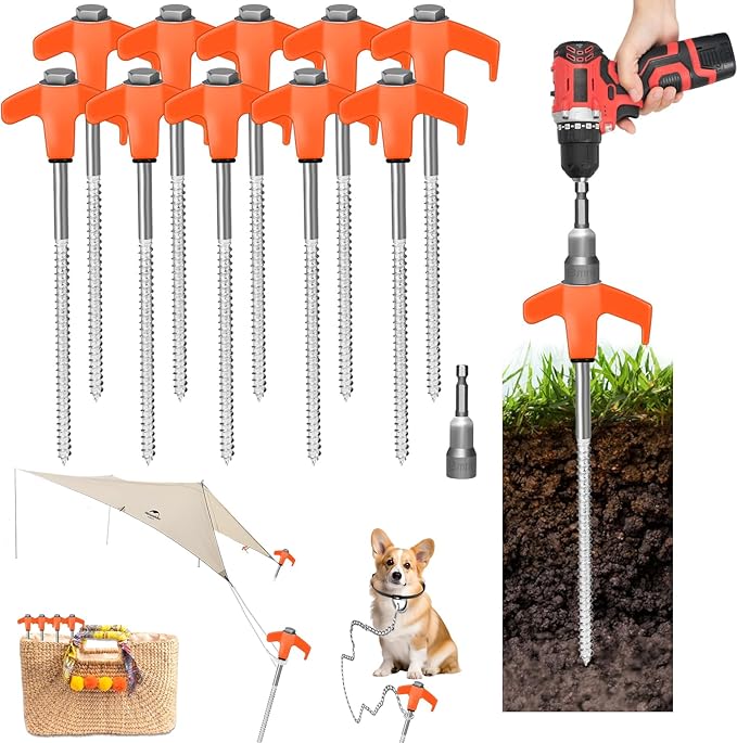 8" Screw in Tent Stakes 20PCS - Ground Anchors Screw - Screw in Tent Stakes Heavy Duty- Tent Pegs Camping Stakes- Hex Pegs Drillable Tent Stakes and Hexagon Head Drive and Storage Box (Orange)