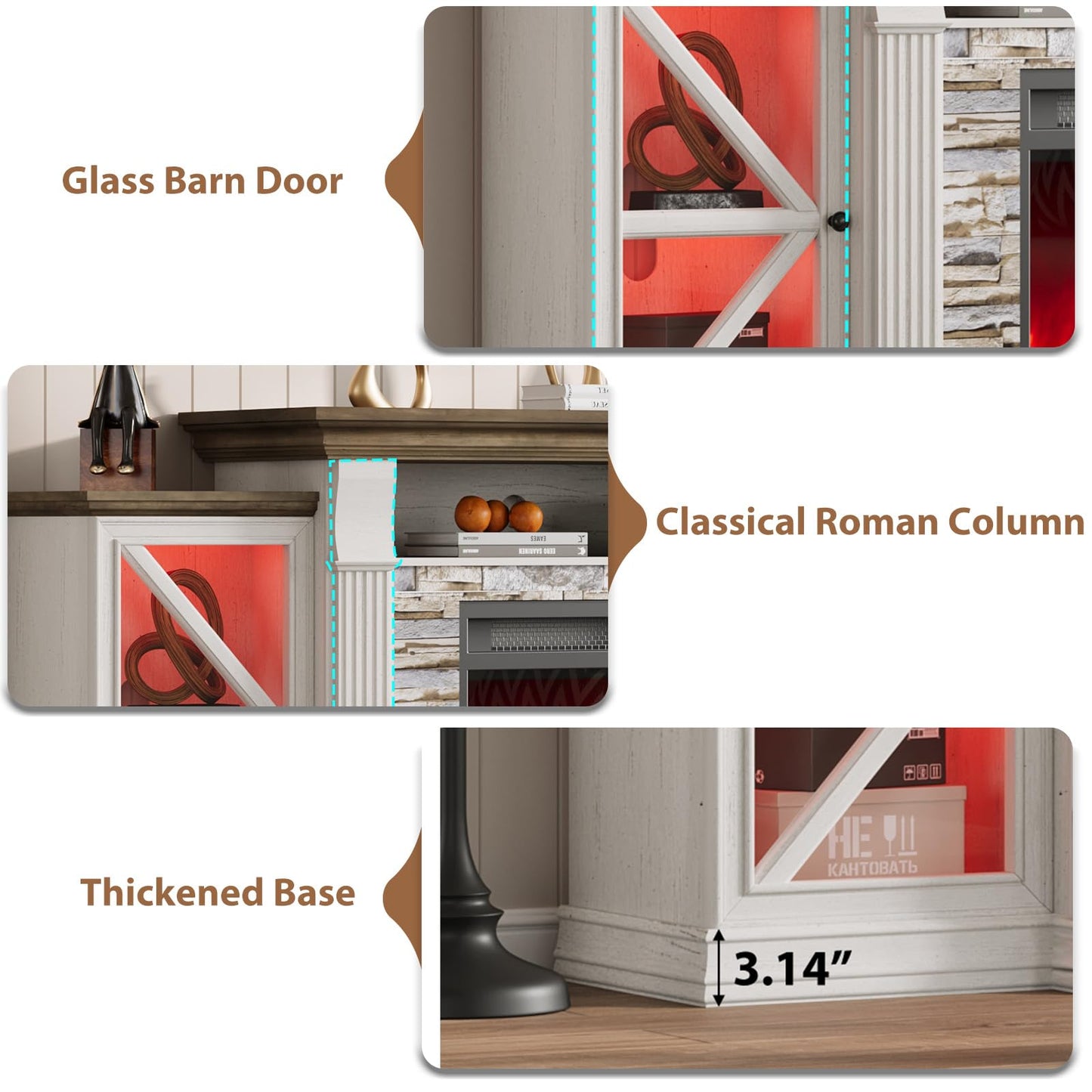 QUW Electric Fireplace TV Stand, 70" Farmhouse Entertainment Center with Open Shelf and Glass Barn Door Cabniet, Modern TV Console Table with 7 Flame Colors for Living Room, Antique White