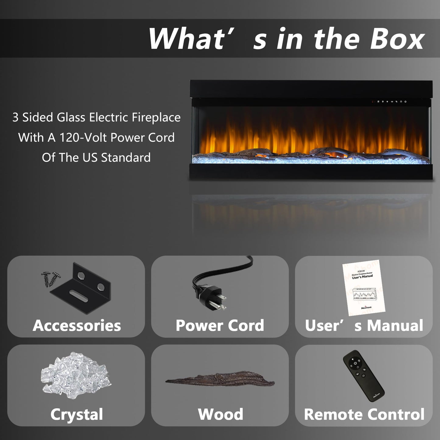 3 Sided Glass Built-in 60" Electric Fireplace - Multi-Color Flames, Heater, DIY Crystal & Log Set, Smart App & Remote Control
