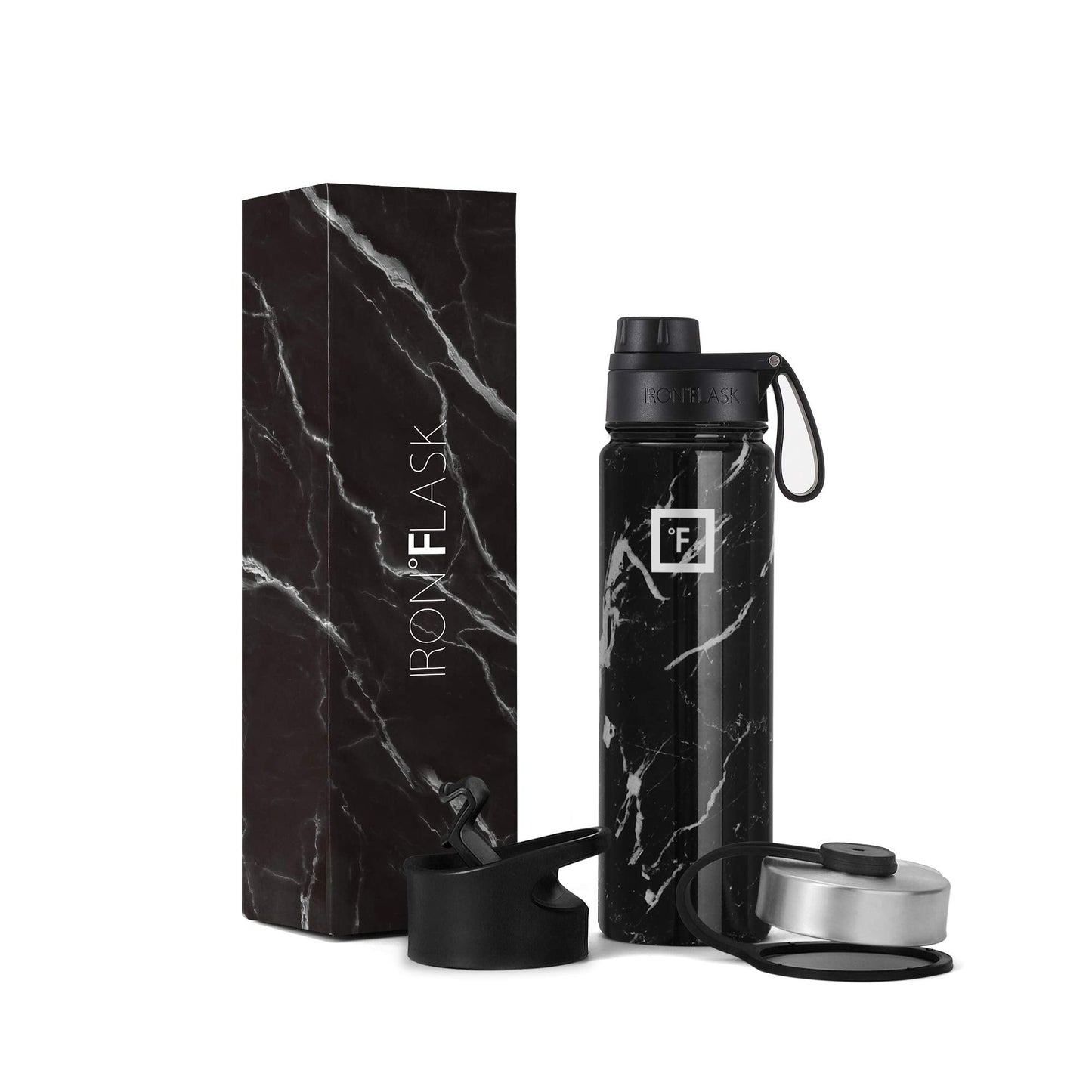 IRON °FLASK Camping & Hiking Hydration Flask, Wide Mouth, 3 Spout Lids, Stainless Steel Outdoor Water Bottle, Double Walled, Insulated Thermos, Metal Canteen - Black Marquina, 22 Oz