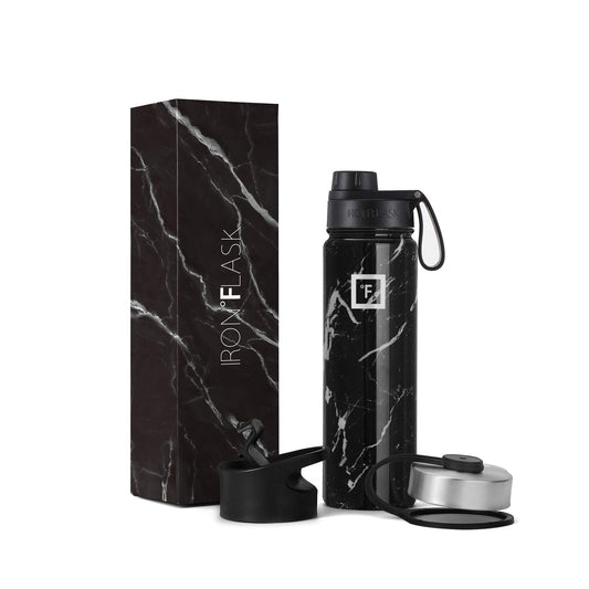 IRON °FLASK Camping & Hiking Hydration Flask, Wide Mouth, 3 Spout Lids, Stainless Steel Outdoor Water Bottle, Double Walled, Insulated Thermos, Metal Canteen - Black Marquina, 22 Oz