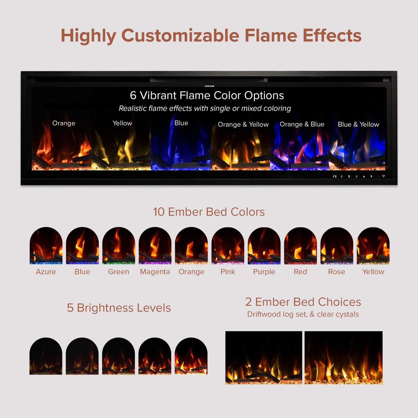 Modern Ember Patton White Mantel Package 64" W x 42" H with 42 Inch Electric Fireplace - 5 Flame Colors, 10 Ember Bed Colors, Log Kit & Crystal Embers | Alexa/WiFi Enabled