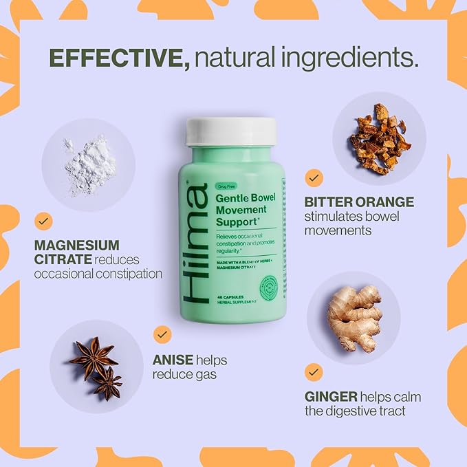 Hilma Gentle Bowel Movement Supplements with Magnesium Citrate, Natural and Gentle Laxatives for Constipation w/Magnesium Citrate, Ginger, Anise and Bitter Orange, 46 Vegan Capsules