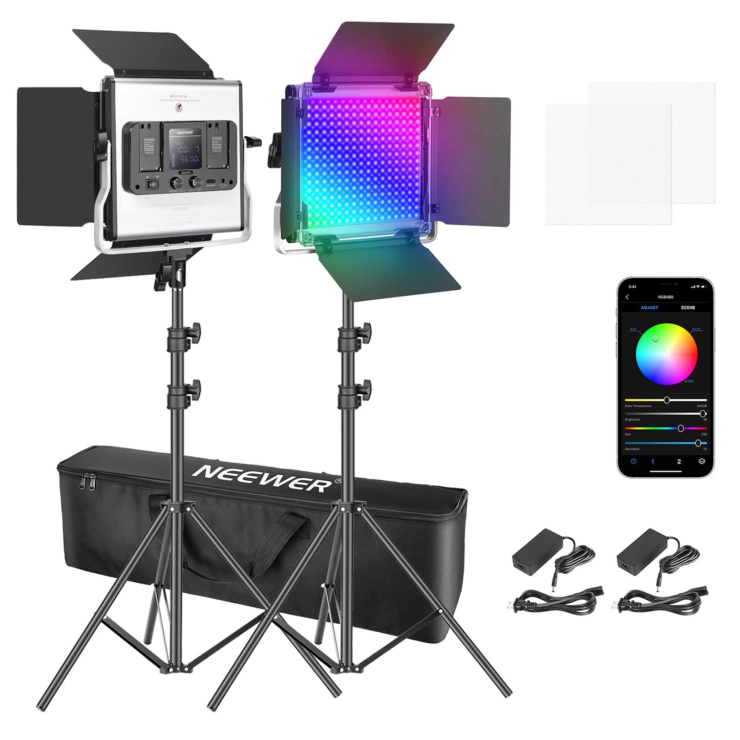 NEEWER 2 Packs 480 RGB Led Light with APP Control, Photography Video Lighting Kit with Stands and Bag, 480 SMD LEDs CRI95/3200K-5600K/Brightness 0-100%/0-360 Adjustable Colors/9 Applicable Scenes