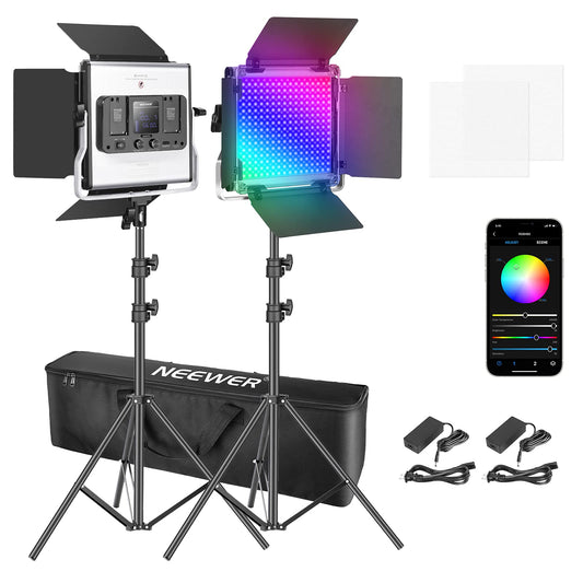 NEEWER 2 Packs 480 RGB Led Light with APP Control, Photography Video Lighting Kit with Stands and Bag, 480 SMD LEDs CRI95/3200K-5600K/Brightness 0-100%/0-360 Adjustable Colors/9 Applicable Scenes