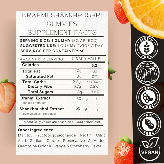 Brahmi and Shankhpushpi Gummies, 60 Count Individually Wrapped, Supports Immune System Vegetarian Without Gluten