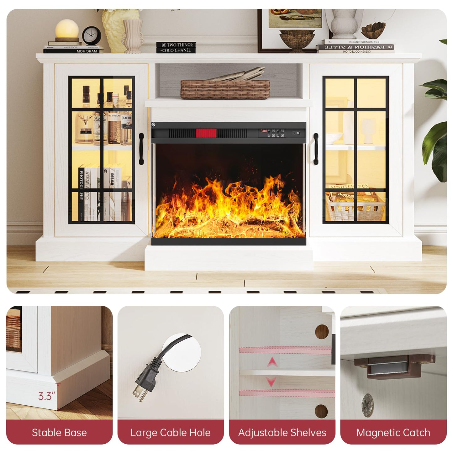 oneinmil 59'' Fireplace TV Stand, 3 Sided Glass Media Entertainment Center Console Table for TVs up to 65'' with Glass Door Adjustable Flame LED Color for Living Room, Set of TV Table, White