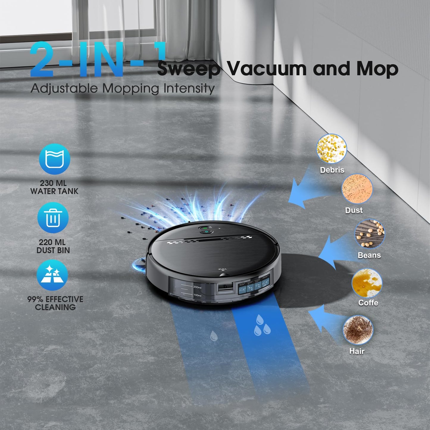 SHELIKI Robot Vacuum and Mop, 2-in-1 Robotic Vacuums Cleaner with Smart Max Strong Suction, WiFi/App/Alexa Voice Control, Obstacle Avoidance, for Pet Hair, Carpets and More