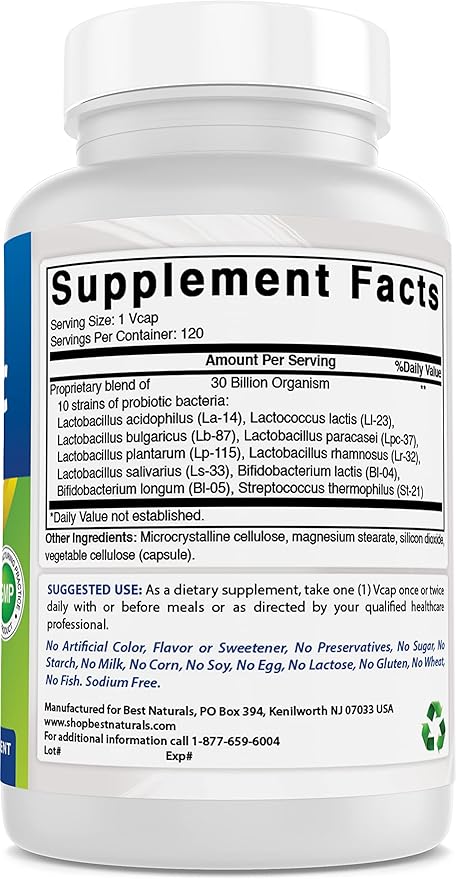 Best Naturals Probiotic 10 Strains 30 Billion Shelf Stable 120 Veggie Caps (120 Count (Pack of 2))