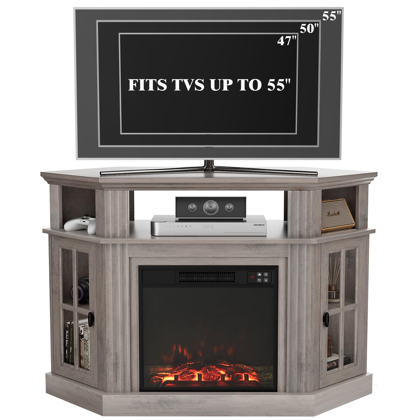 Furmax Fireplace Corner TV Stand for TV Up to 55 Inch, Modern TV Console with 18 Inch Electric Fireplace, Entertainment Center with Open Shelf and Storage Cabinets for Living Room, Rustic Oak