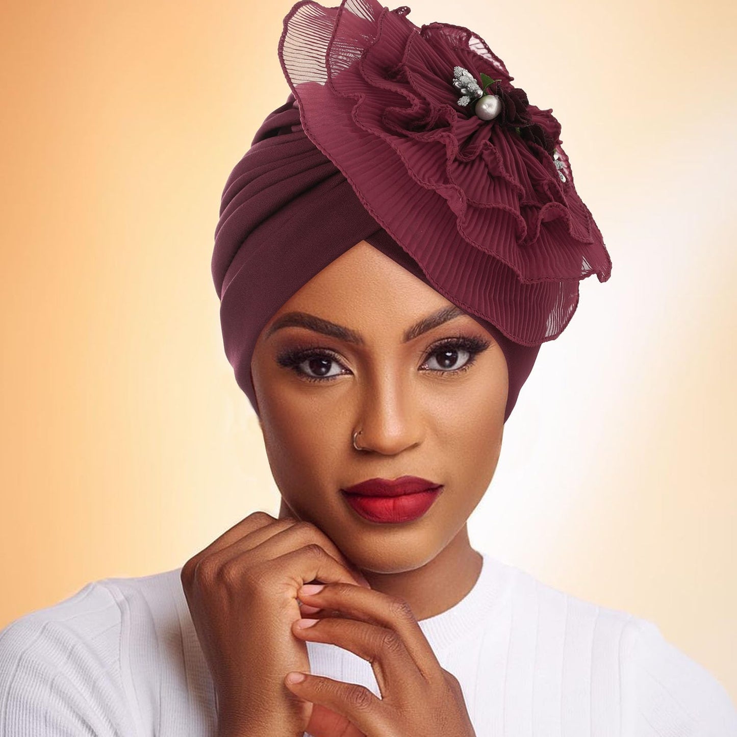 Bohend Flower Turbans Cap Pearl Knot Headwarp Beanie Pre Tied Head Cover Bonnet Women Muslim Stretchy Pleated Headscarf Hat (Polyester, red wine)