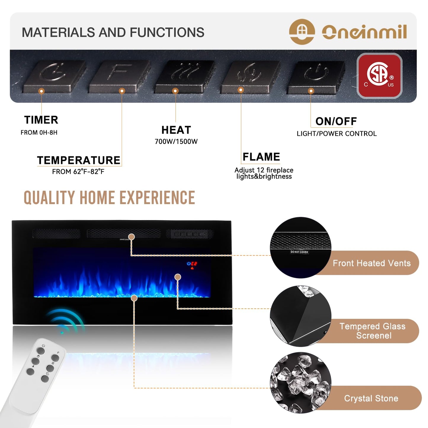 oneinmil Fireplace TV Stand with 36" Electric Fireplace, LED Light Entertainment Center, Modern Wood Texture Entertainment Stand with Highlight Storage Cabinet for TVs Up to 80", 70 inches, Black