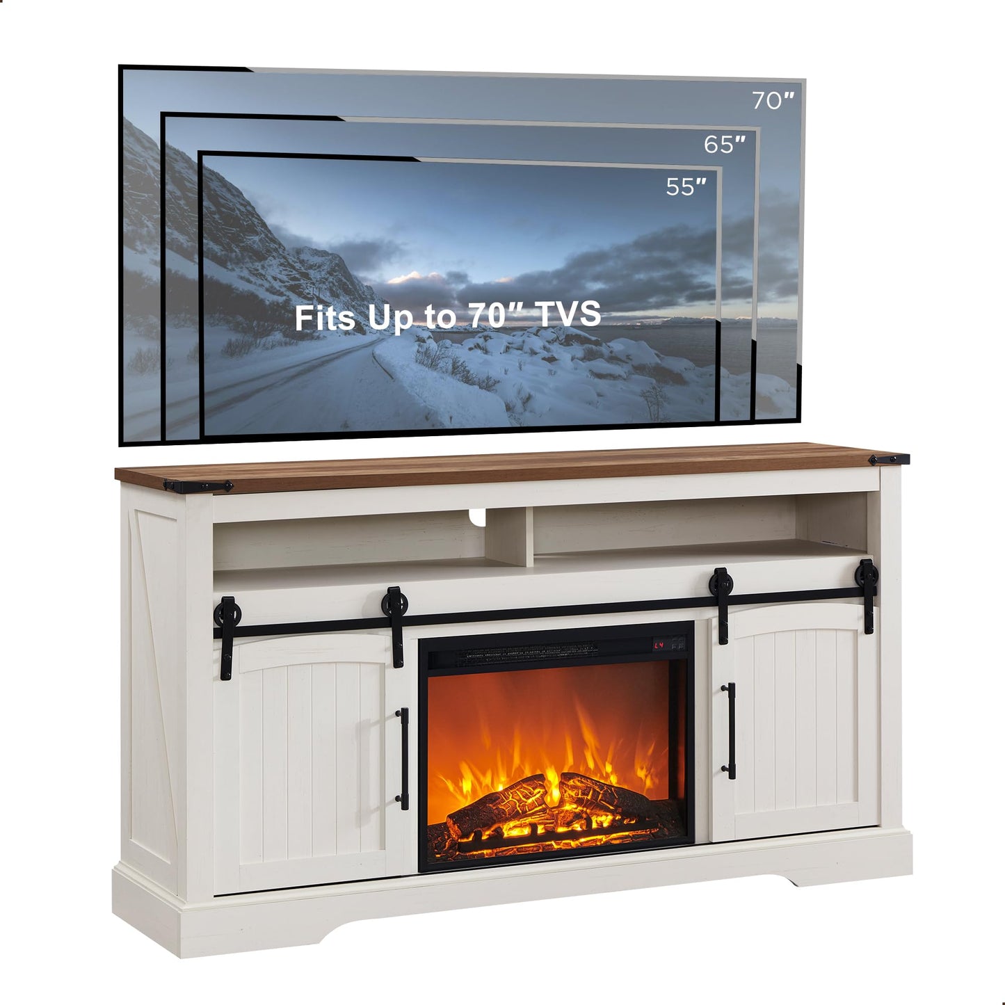 OKD Farmhouse Fireplace TV Stand for 70+ Inch TV, 33" Tall Highboy Entertainment Center w/Electric Fireplace, Rustic Media Console w/Sliding Arched Door for Living Room,Antique White