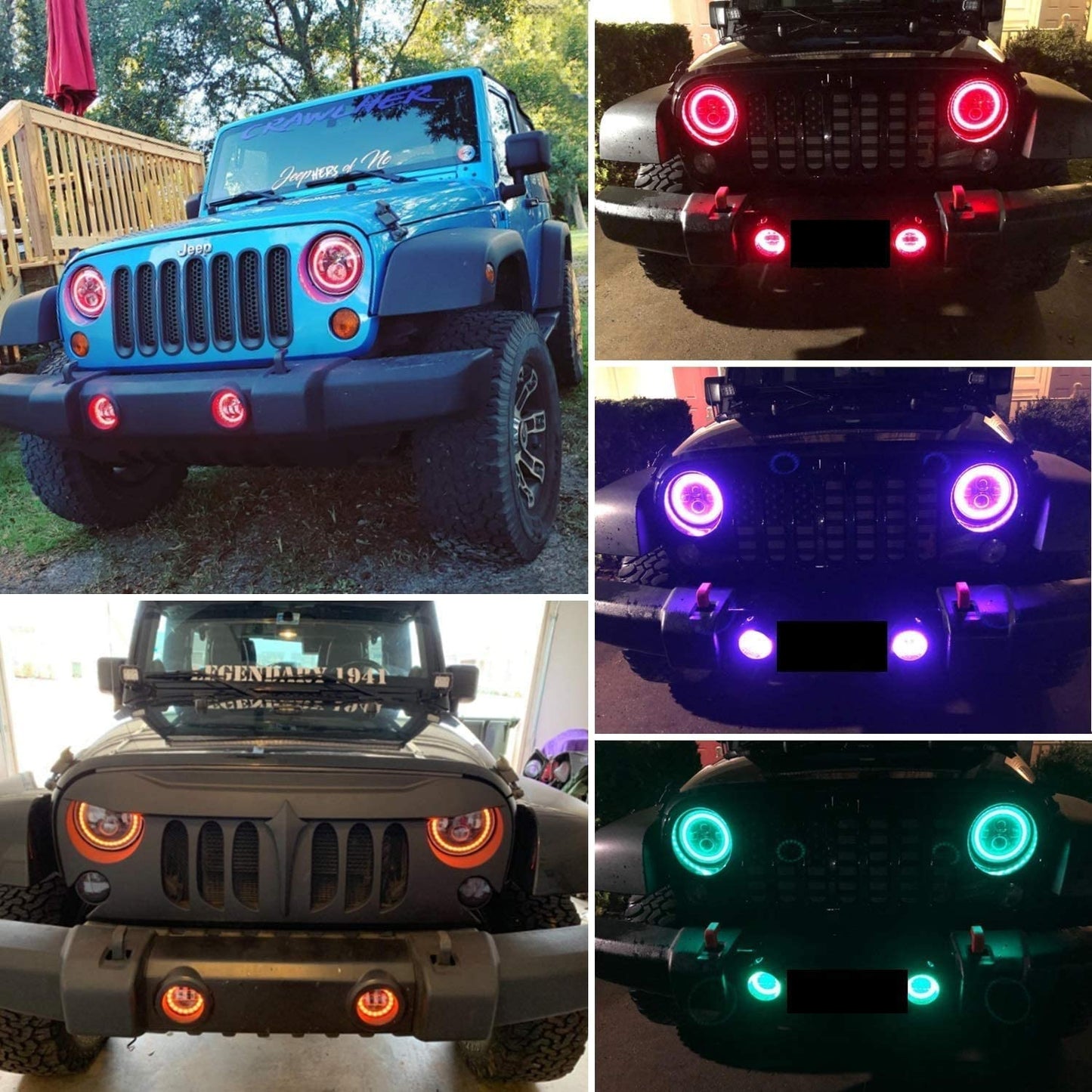 ZiopGTob 7" Inch RGB Halo Headlights & 4" Fog Lights Combo Headlamp Assembly Dual Controlled RGB Light Kits Compatible with 2007-2018 Jeep Wrangler JK JKU