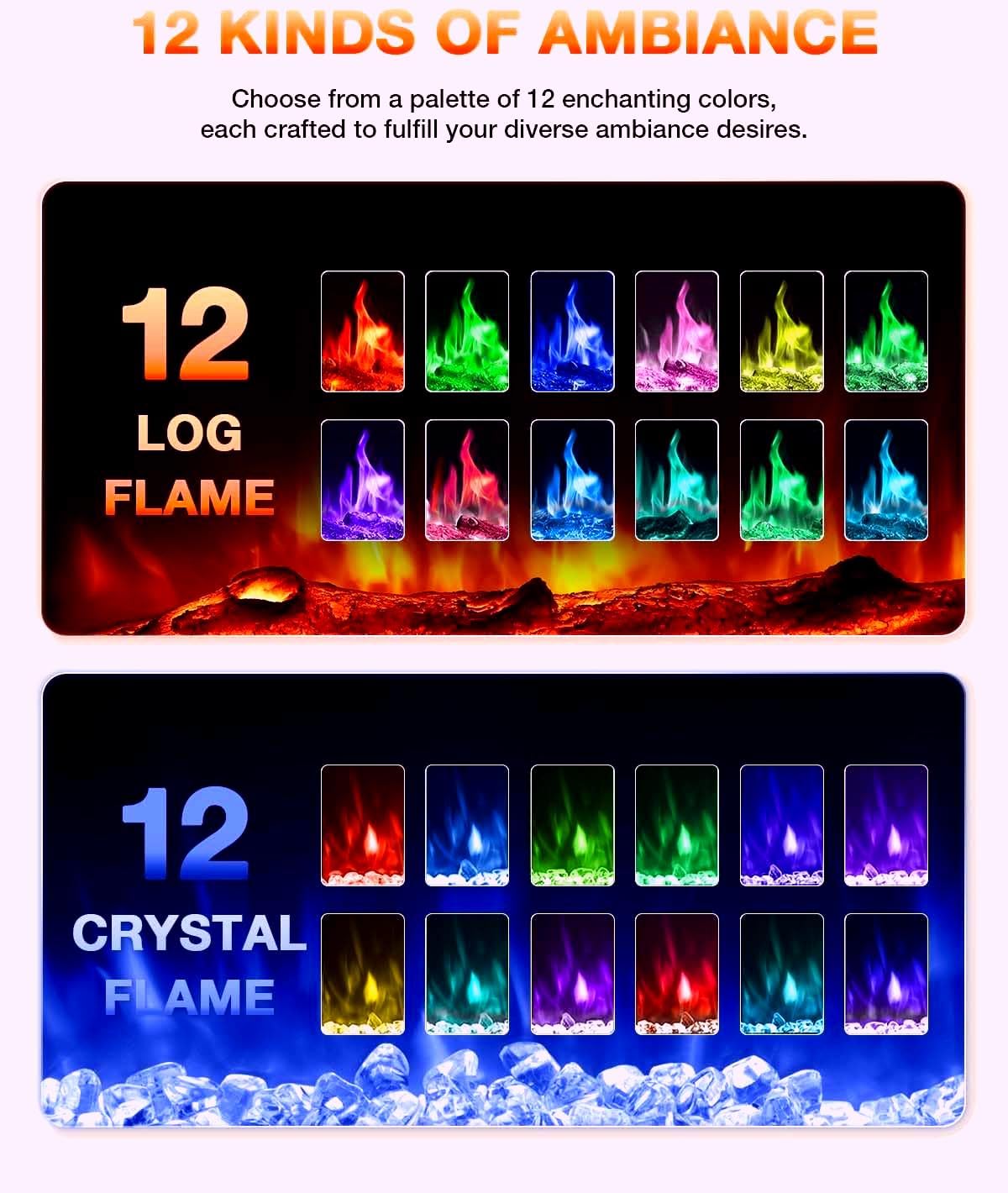 VISVEIL Electric Fireplace 60Inch,Wall Mounted Electric Fireplace Heater with Timer Inserts，TV Stand Touch Screen and Realistic Flame,Log Set,Crystal Flames 750 to 1500W，Remote for Living Room