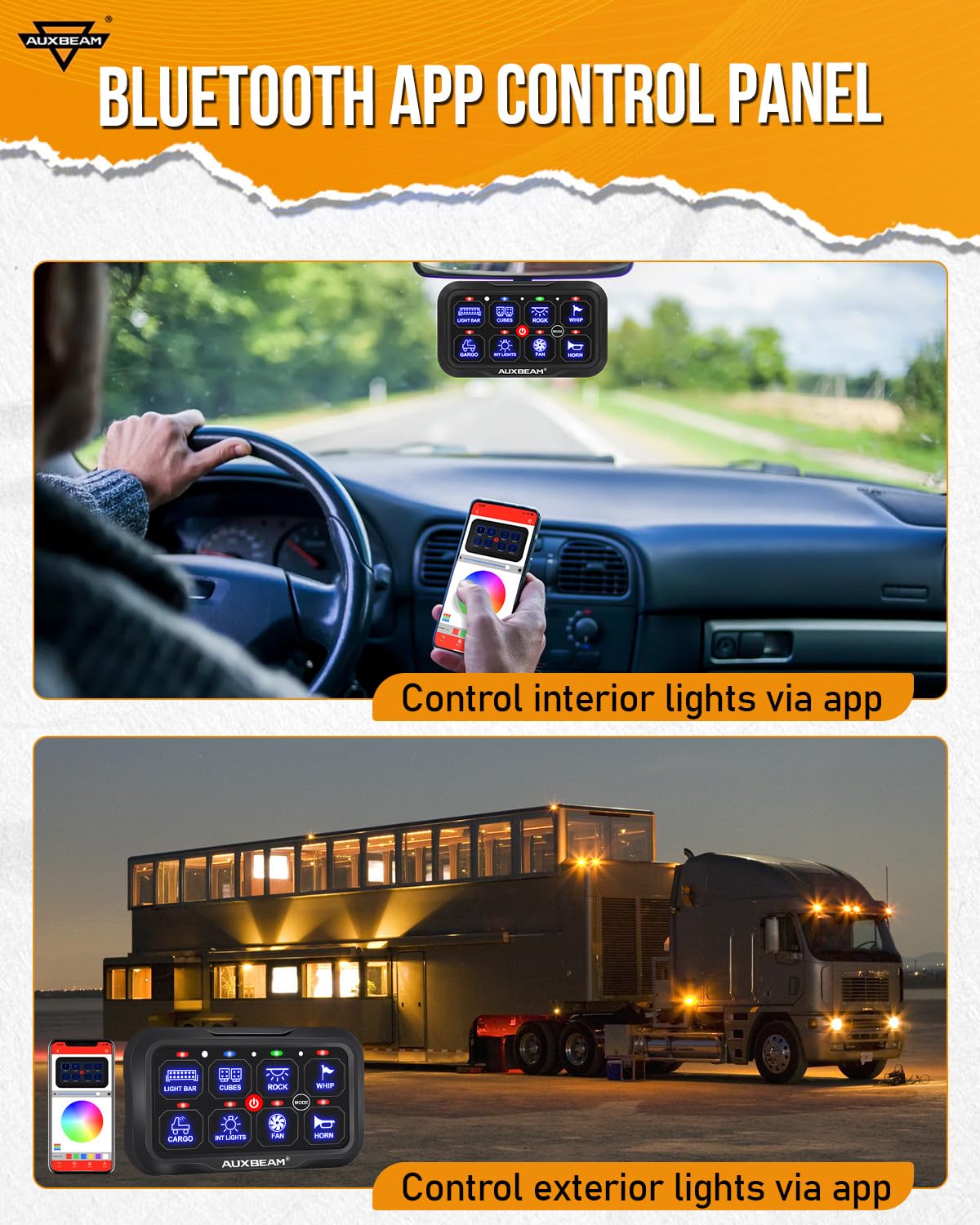 Auxbeam Switch Panel AR-800 Bluetooth 8 Gang Switch Panel RGB Switch Pod Backlit Manual Control w/Toggle Momentary Pulsed 12V-24V Panel Controller for Boat Car Truck RV UTV Waterproof 2-Year Warranty