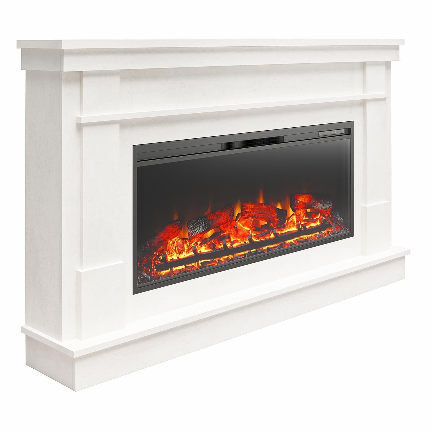 Ameriwood Home Elmcroft 64 Inch Electric Fireplace with Mantel, Replaceable Fireplace Insert Heater, Remote Control, Timer, Realistic Log and Flame Effect, for Living Room or Bedroom, Plaster