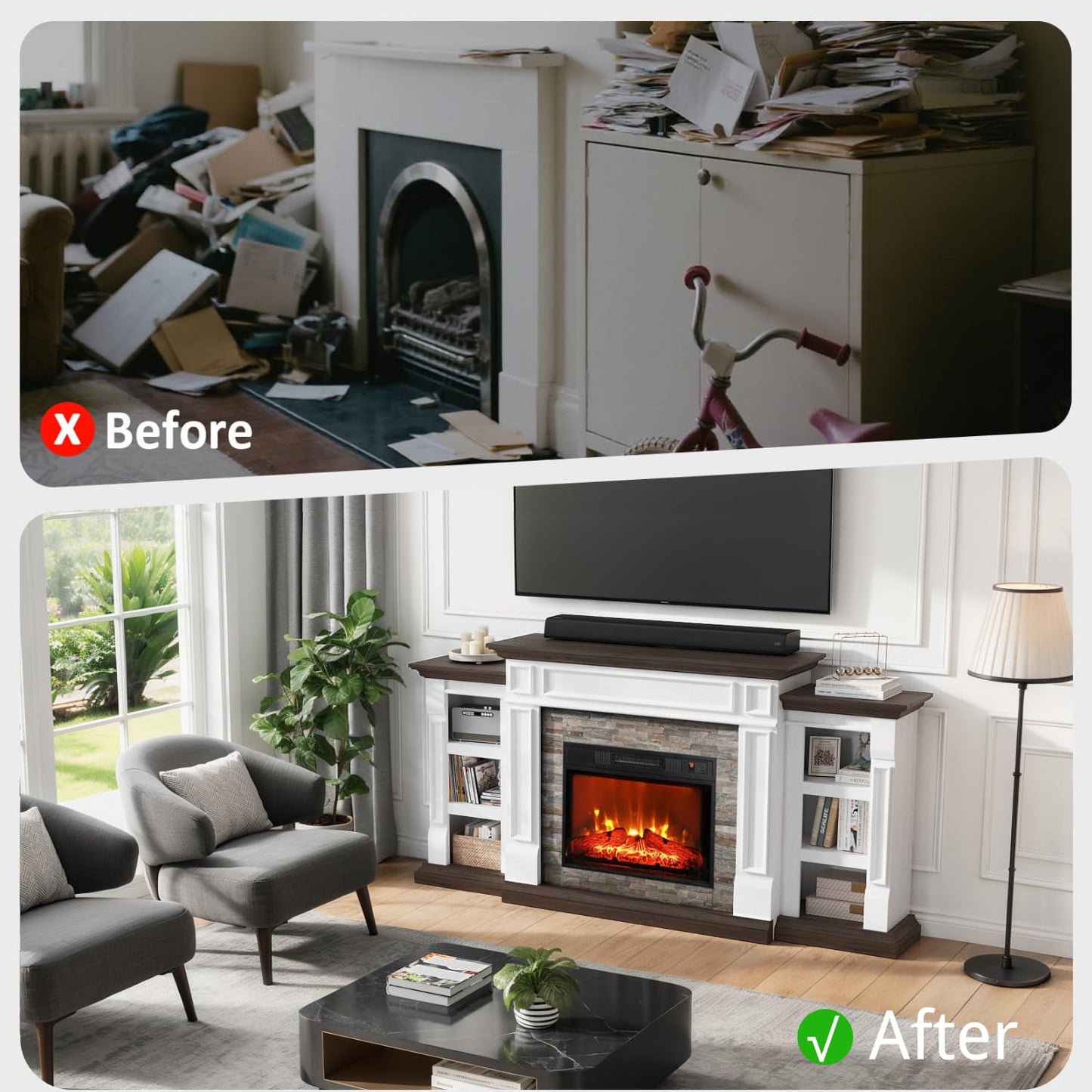 Naice 72" Electric Fireplace with Mantel and Cabinets, LED Light Fireplace TV Stand for TVs up to 80", 3D Realistic Flame Heater with Stacked Stone Surround for Living Room