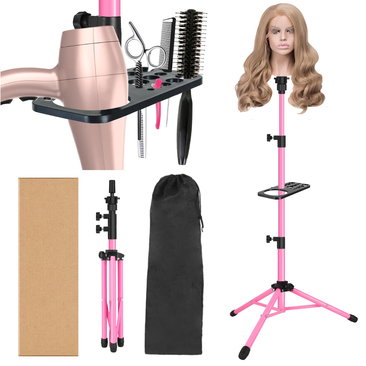 ZQIAN BEAUTY Wig Stand Tripod 50 Inch Metal Wig Mannequin Head Tripod Stand For Hairdressing Training Head Adjustable Wig Tripod Stand with Tool Tray (Pink, Mannequin Head Not Included)