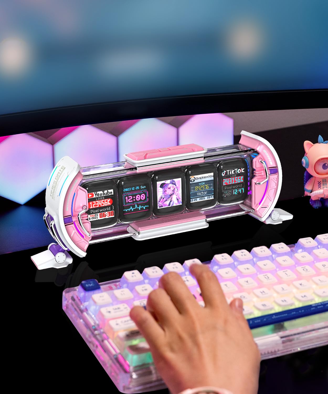 Divoom Times Gate Cyberpunk Digital Clock - Smart App Control, WiFi Connectivity, RGB LED Display, Customizable Dashboard & Pixel Art for Gaming Room and Office Decor (Pink)