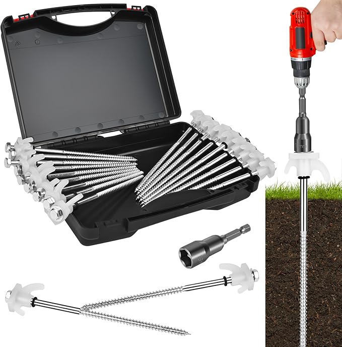 20 Pack Tent Stakes Heavy Duty 8 Inch Ground Anchor Screw Camping Stakes with Luminous Head Metal Threaded Tent Pegs, Includes Hex Head Driver and Storage Box