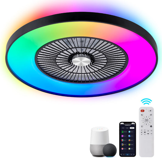 HUMHOLD 24" Bladeless Ceiling Fans with Lights and Remote/APP/Voice Control, Low Profile Ceiling Fan with RGB Lights, Enclosed Flush Mount Ceiling Fan for Kid's Bedroom/Living Room