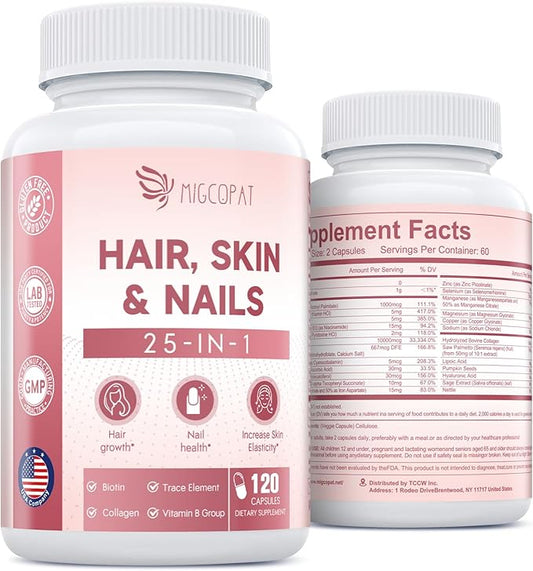 25-in-1 Formula Hair, Skin & Nails Supplement with Biotin 10,000mcg, Collagen, Vitamin B, C, D3, E, Folate, Iron for Women