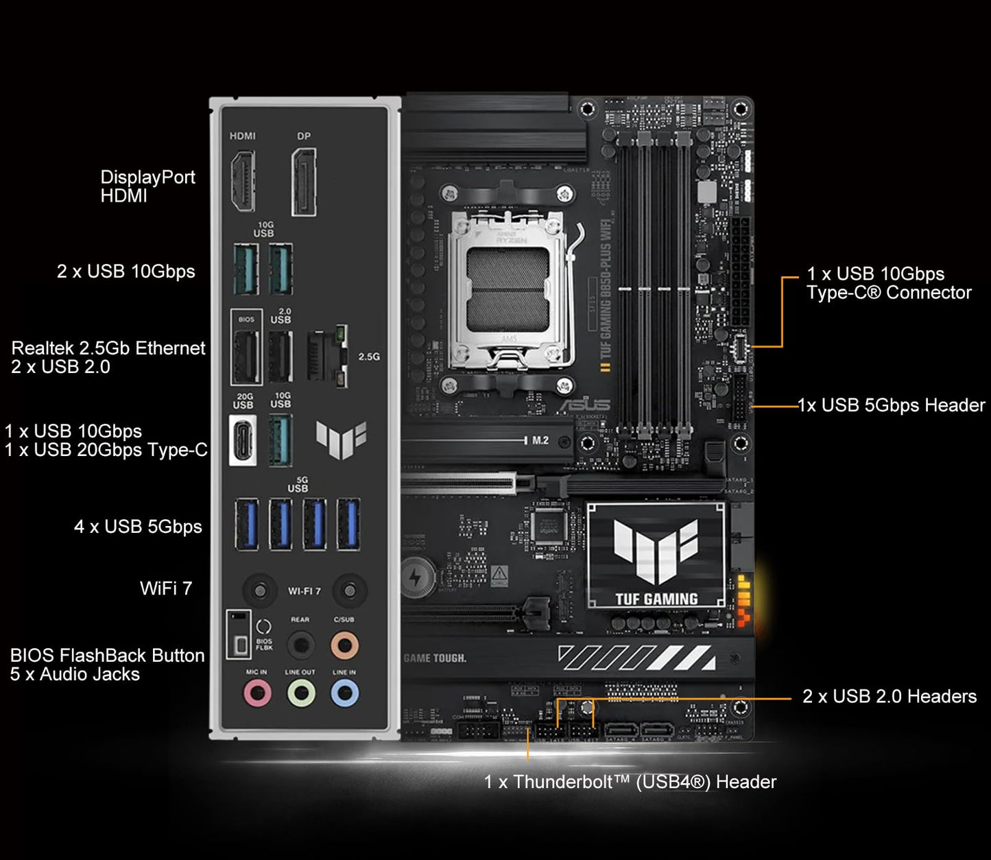 Micro Center AMD Ryzen 7 7700X CPU Processor with ASUS TUF Gaming B850-PLUS WiFi AM5 ATX Motherboard (DDR5, PCIe 5.0, 3X M.2, Wi-Fi 7, USB 20Gbps Type-C)