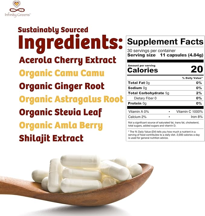 Infinity-C Organic Vitamin C Capsules, Bioavailable VIT C from Acerola, Camu Camu & Amla, Whole Food Vitamin C 1000mg, Immune Support Superfoods, Shilajit, Astragalus Root & Ginger (30 Servings)